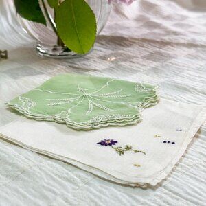 Set of 2 Handkerchiefs Mint Delicate Floral Embroidered Cotton Sheer Handmade